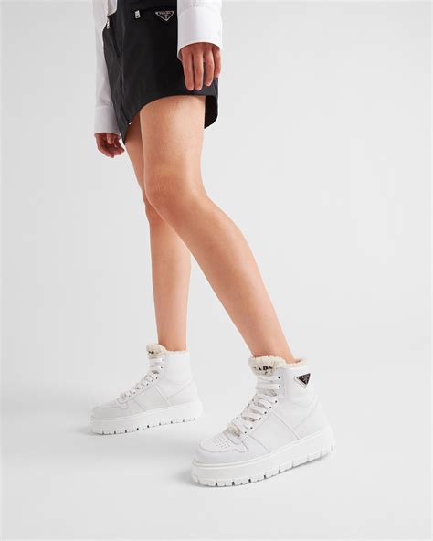 prada leather and shearling sneakers|White Leather And Shearling High.